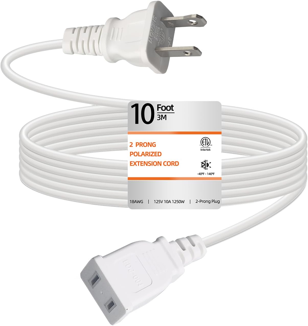 Extension Cord 10ft Flat Thin Flexible 2 Prong