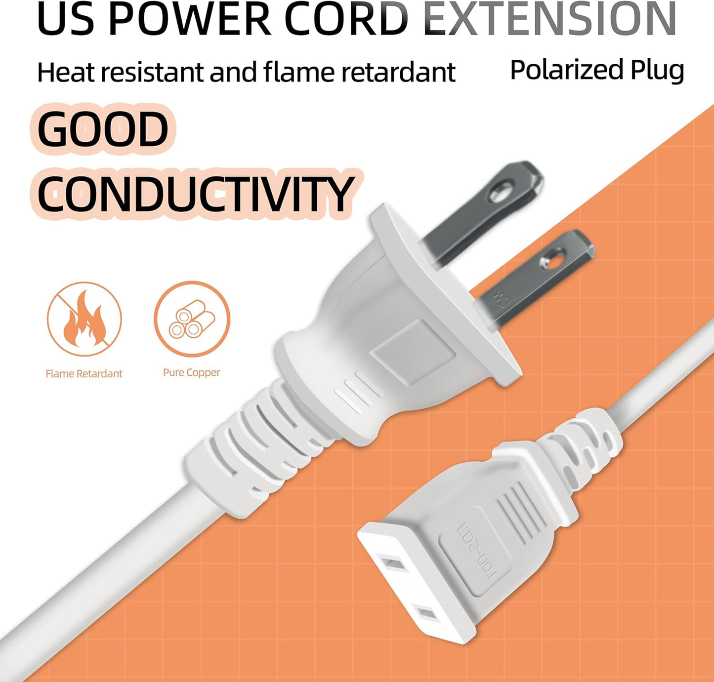 Extension Cord 10ft Flat Thin Flexible 2 Prong